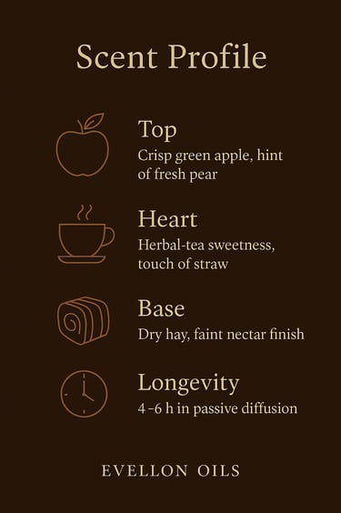 Scent chart: apple top, herbal heart, hay base, 4-6h longevity in diffusion.