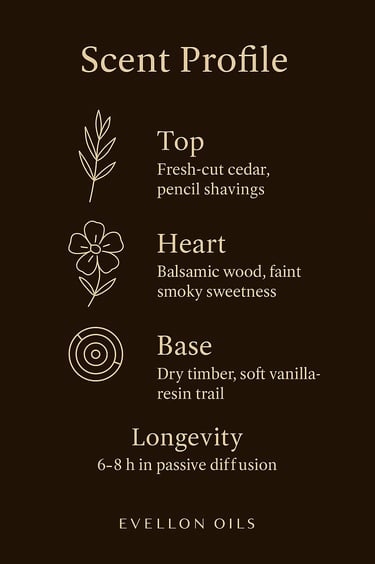 Scent chart with cedar top, balsamic wood heart, timber base, 6-8h passive diffusion