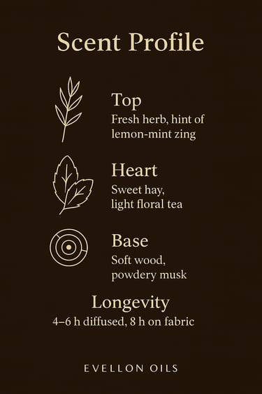 Scent chart with fresh herb top, hay heart, soft wood base, 4-6h diffusion, 8h fabric life