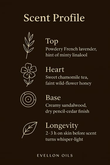 Scent chart with powdery lavender top, chamomile heart, sandalwood base, 2-3h skin wear