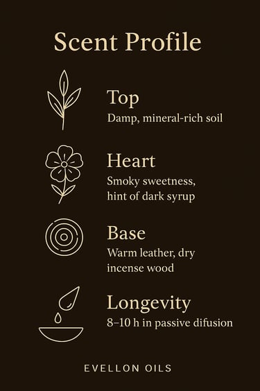 Scent chart with damp soil top, smoky heart, leather base, 8-10h passive diffusion time