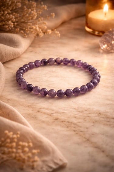 amethyst bracelet 6mm worn on wrist elegant purple gemstone jewelry calm clarity style