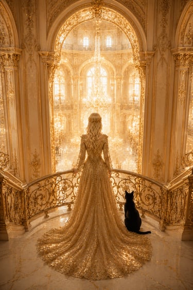 blonde elegant woman with black cat to her right looking down from a balcony in a golden rococo hall