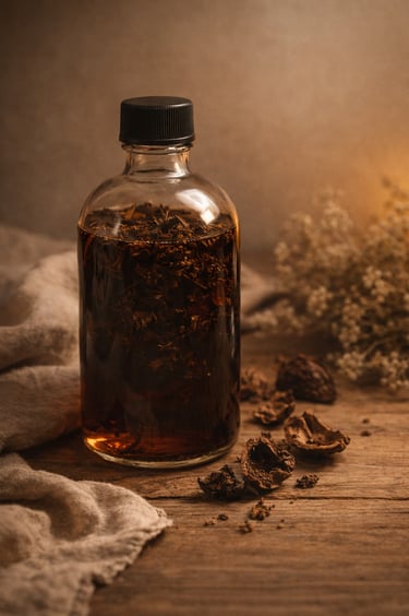 black walnut husk herbal tincture in glass bottle with natural plant material, traditional botanical preparation & potency