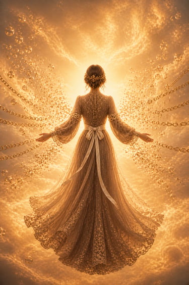 Brunette woman with hair up in golden light and chains coming off her turning into bubbles as chains dissolve etheral gold