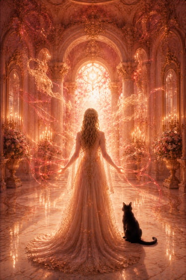 blonde woman in a golden hall with ribbons or light and chains suspended in the air with a black cat to her right