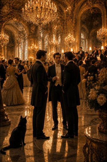 three elegant men standing in a golden hall with crystal chandeliers and a black cat present