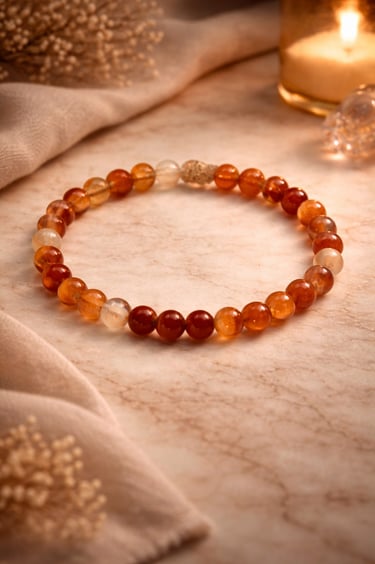 6mm carnelian bracelet with warm orange beads on marble with soft golden light