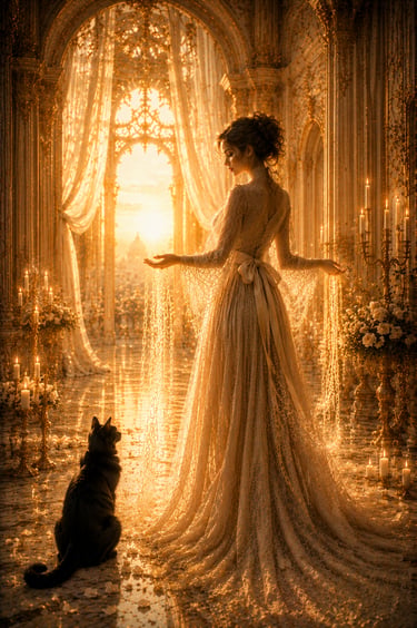 elegant woman with arms stretched out. Chaind from her hands are dissolving. golden room. Black cat watching her