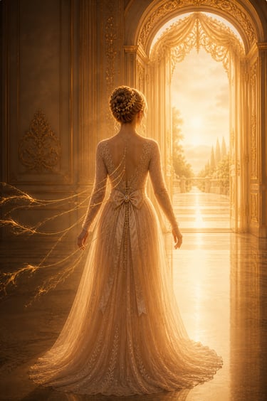 Elegant woman with cords attached to her back are being cut. She is wearing a golden dress with golden arches in front of her