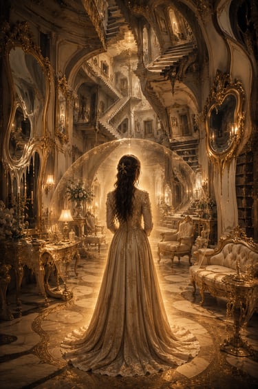 brunette woman in a floor length silk dress inside a golden buble looking at morphed mirros and furniture with odd stairs