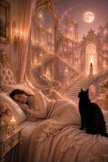woman sleeping in a rococo style bedroom with black cat on bed looking at the sleep world created by her with full moon