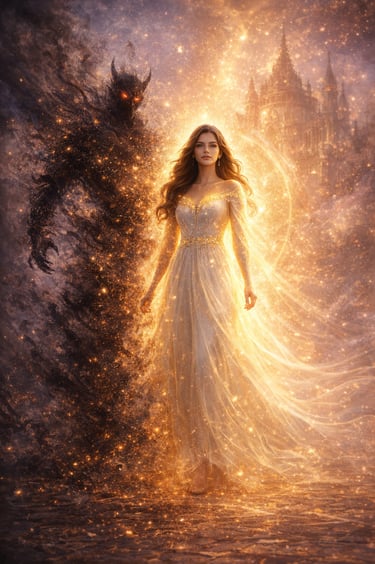 Woman surrounded by radiant golden light as a dark shadow dissolves symbolizing reclaiming sovereign