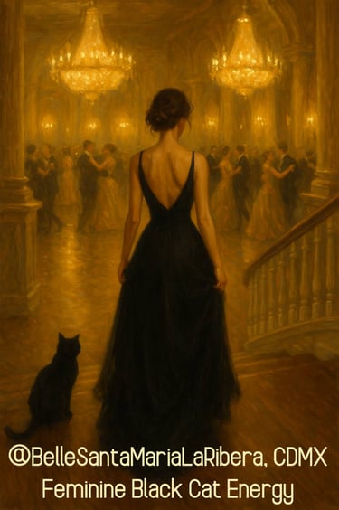 enchanting power of feminine black cat energy. golden ballroom. belle.com.mx