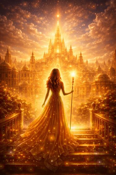 Woman holding a glowing staff standing before a radiant golden city, symbolizing destiny-divine time