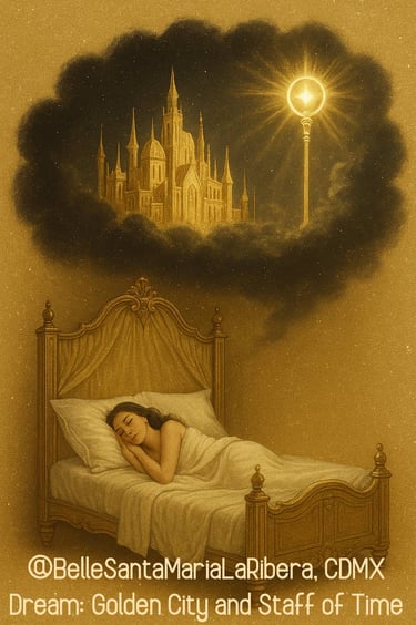 a glowing cloud above showing a radiant golden city and a luminous staff of time. belle.com.mx