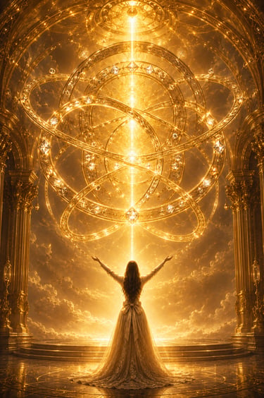 brunette woman with long yellow dress and arms stretched out and up looking at interlocking rings in a golden altar