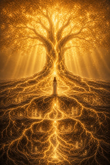 Woman standing in front of a large tree of life with roots exchanging life and light with the leaves and touching her