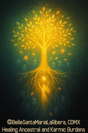 Abstract tree of light with shadowy roots holding ancestral burdens and radiant branches blooming 