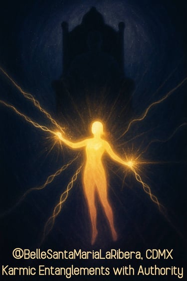 figure breaking cords tied to a shadowy throne, symbolizing release from karmic entanglements