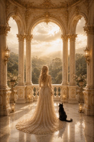 blonde elegant woman looking at a forest of green trees from a rococo balcony. Black cat to her right
