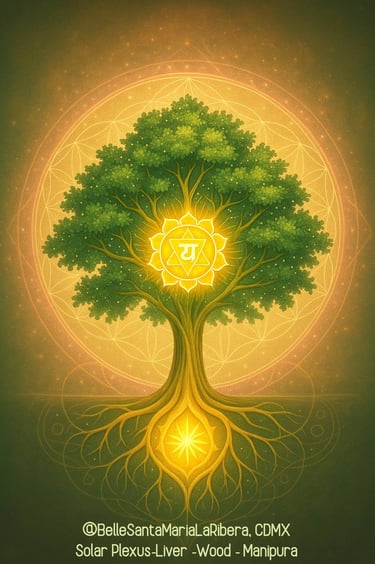 A luminous tree deep roots radiant Solar Plexus Chakra (Manipura) balance and personal power