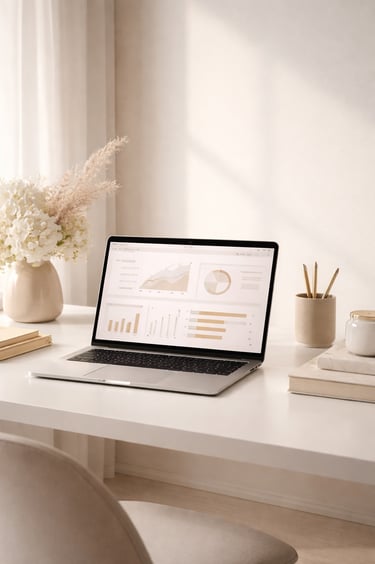 Elegant neutral workspace with laptop showing analytics graphs, clean desk, soft lighting, and quiet luxury aesthetic data