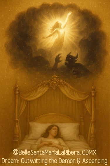 a cloud above showing a dark demon thwarted as a luminous figure ascends in radiant light. belle.com