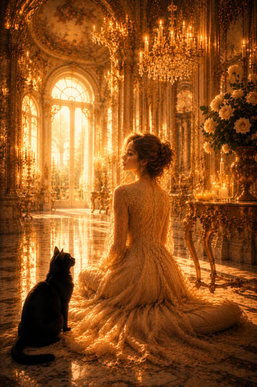elegant woman sitting inside a golden home with crystal chandelier and black cat to her left looking at her