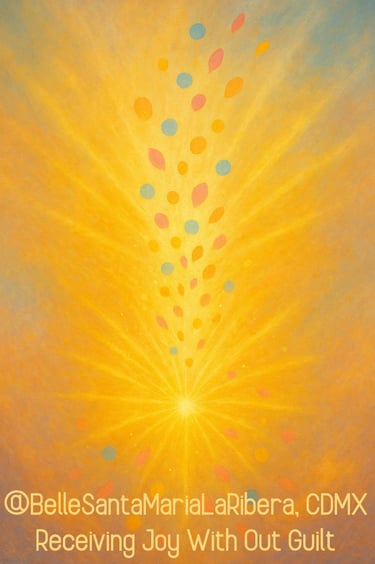 radiant sunburst with colorful orbs and petals, symbolizing fearless joy and abundance without guilt