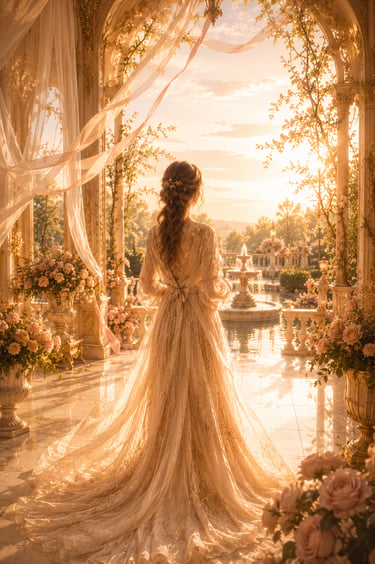 elegant woman looking out to her courtyard with a water fountain feature from her beautiful home with pink roses