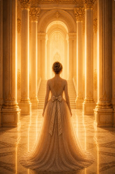 Elegant woman in a golden dress in a hallway with pillars looking up at french doors in golden light