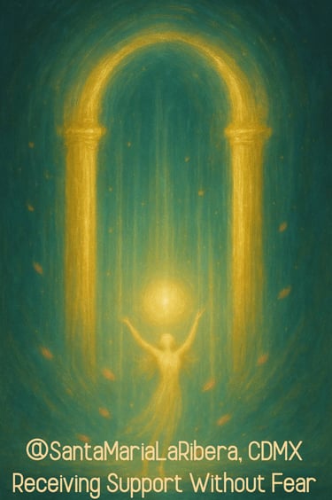 Abstract golden pillars of light forming a gateway with a glowing orb above a luminous woman