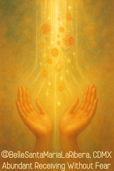 Golden hands open to receive streams of light, roses, coins, & stars symbolizing fearless abundance