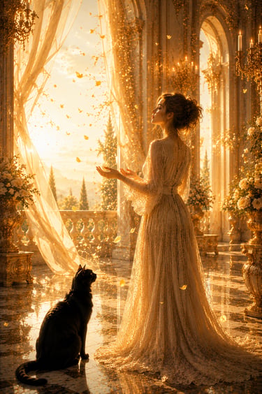 black cat looking at elegant woman in a golden rococo building with arms stretched out roses and candles around at sunset