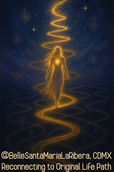 Golden path spiraling upward luminous figure in alignment, symbolizing reconnection to life frequenc