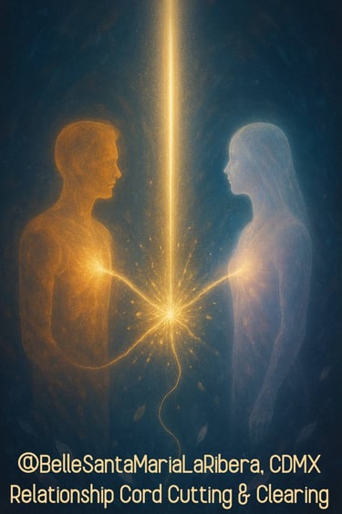 luminous figures with a golden beam severing cords between them, symbolizing relationship cord cut