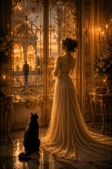 elegant woman looking out of a golden home into a courtyad where a man is walking. Black cat to her left