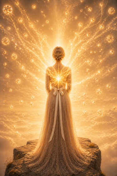 blonde woman with hair up in modest golden dress has geometric pieces of golden orbs tethered to her back in etheral space