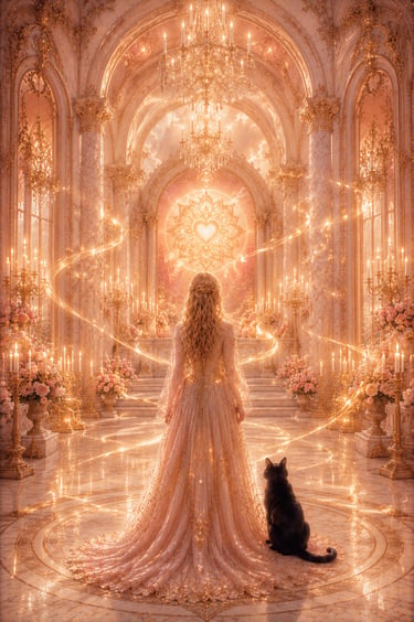 blonde woman in a majestic golden hall with rose undertones looking at a hart mural. black cat to her right. swirls of light