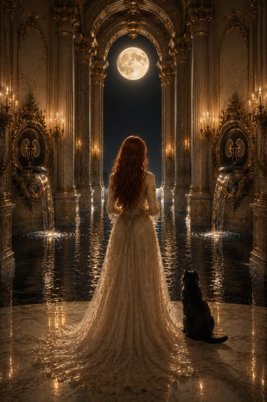 elegant red head inside a water temple looking at a full moon with a black cat to her right and kidney symbols on walls