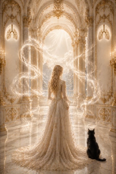 blonde woman in a rococo hall with golden ribbond of light between her and lung symbols on walls black cat to her right