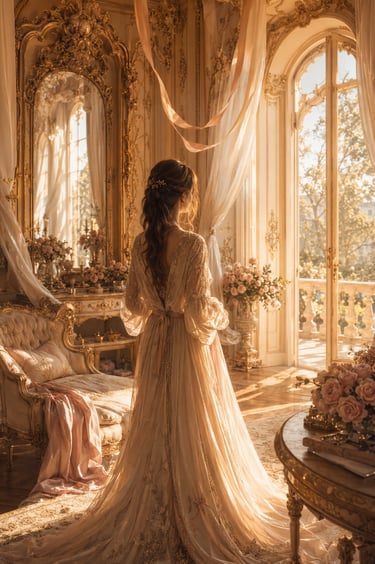 elegant woman inside her bedroom looking outside french doors with rococo decor