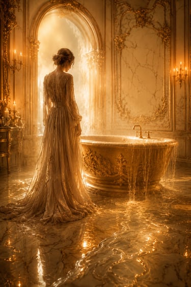 elegant woman in a golden bathroom with over flowing bathtub and candles