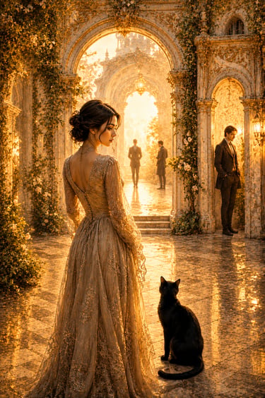 elegant woman in a golden rocoso garden with arches and men nearby. Black cat to her right