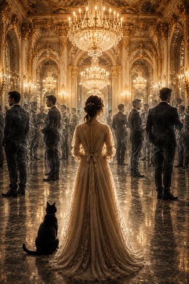 elegant woman with black cat to her left under 2 bright golden crystal chandeliers in a dance hall & men oozing negativity 