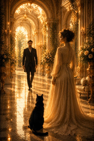 elegant man walking towards elegant woman in a golden hall with rose accents rococo furniture and black cat