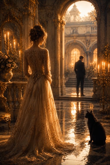 elegant woman in golden room with roses and cangles looking at man in courtyward. Black cat on the floor by her right side