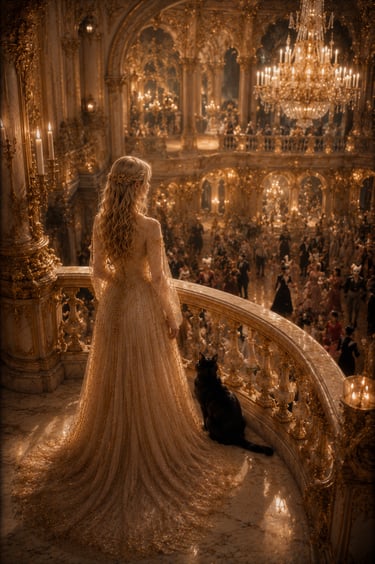 elegant blonde woman standing on a rococo balcony inside a golden hall with black cat to her right overlooking dance hall