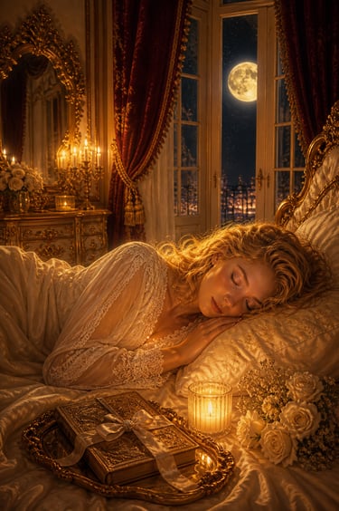 blonde woman sleeping in a golden room with red velvet curtains and a full moon visible through french doors